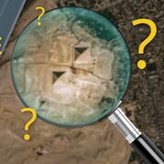 A mix of satellite images, a magnifying glass, small satellite, title and question marks