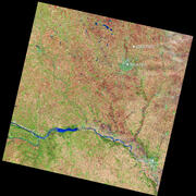 Satellite image of eastern South Dakota showing Sioux Falls, the USGS EROS Center, Sioux City, and the Missouri River.