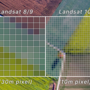 Comparison graphic showing Landsat 8/9 30-meter pixels versus Landsat 10 10-meter pixels over farmland