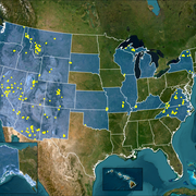 U.S. map with mine waste locations marked with yellow points