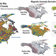 Image shows various maps of Canada and the United States showing geophysical datasets