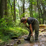 In a forest, USGS scientist Zach Clifton stands in a stream and assesses a streambank.