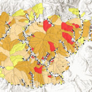 Multi color polygons overlying map of topography