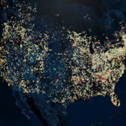 dark blue map of the continental United States with yellow, white, and red bars sticking up from map