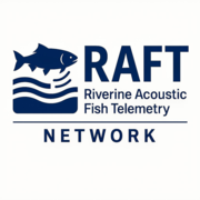 Image of a fish above the letters "RAFT," below which the words "Riverine Acoustic Fish Telemetry Network" are displayed.