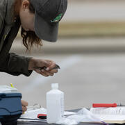 a woman gently holds a bird in her left hand while recording data with her right hand  