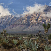 large brown mountains with reddish stripe intermix with clouds, desert plans in the foreground