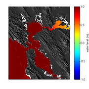 Animation shows map of land and sea, land doesn't change and the ocean and bay change colors according to tidal height.