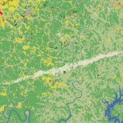 A land cover map of part of southern Kentucky, showing a mix of forest, pasture, rivers and urban areas 