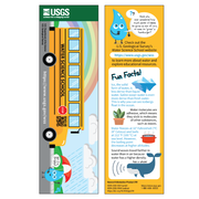 Images of the front and back of the Water Science School bookmark on a white background