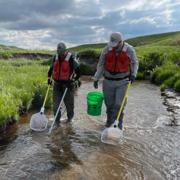 Graduate students electrofishing on Deer Creek in Nebraska