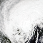 Satellite photo shows the center of Tropical Storm Irene passing over New England