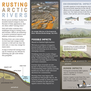 Orange, gray, and white, three-panel pamphlet describing rusting arctic rivers.