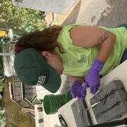 Woman wearing USGS T-shirt and hat and purple gloves tagging a fish for monitoring
