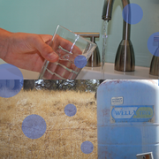 Photo showing a glass being filled with water from a faucet, along with a water well tank.