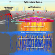 Schematic cross section of the magmatic and hydrothermal systems underlying Yellowstone Caldera