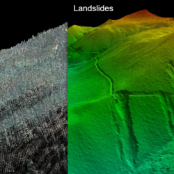 Divided image with tree-covered slope on one side and the treeless, bare earth on the other side revealing landslides