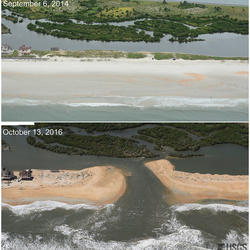 Two photographs show the same view of a coastal inlet before and after a hurricane, the latter shows a breach and damaged homes.