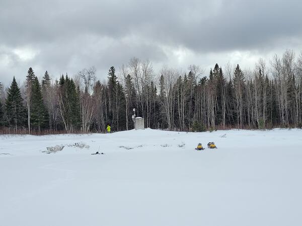 A streamgage in a wintery scene