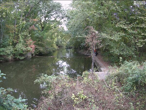 River flowing downstream through the woods along a foot path