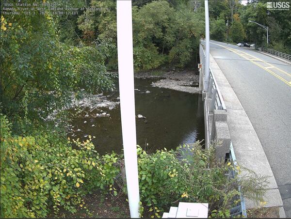 A pole splits the screen looking down on the river with a road running along the right-hand side