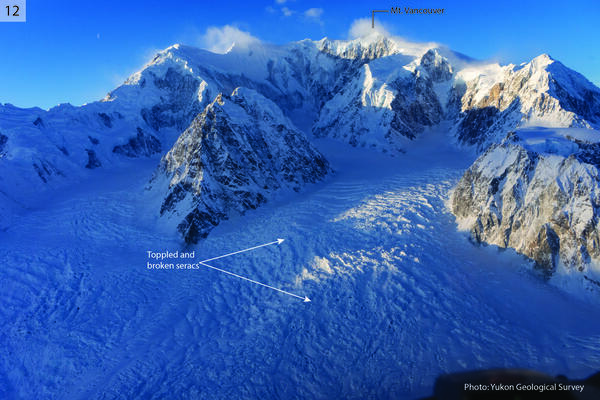 Snowy mountain with labels pointing out toppled and broken seracs 