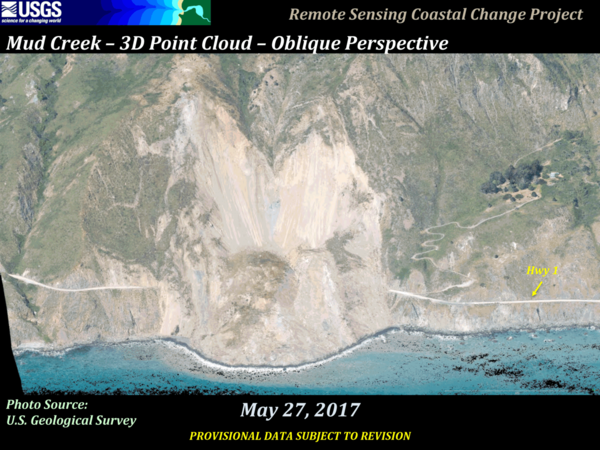 Four photos looking from the sky at a coastal cliff area on different dates to show a landslide and work to clear it.