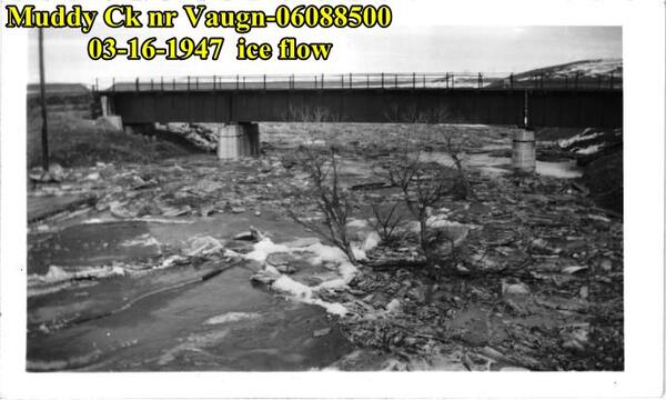 An image of the 1947 ice flow at the streamgage on Muddy Creek near Vaughn, Montana. Large chunks of ice cover the river. 