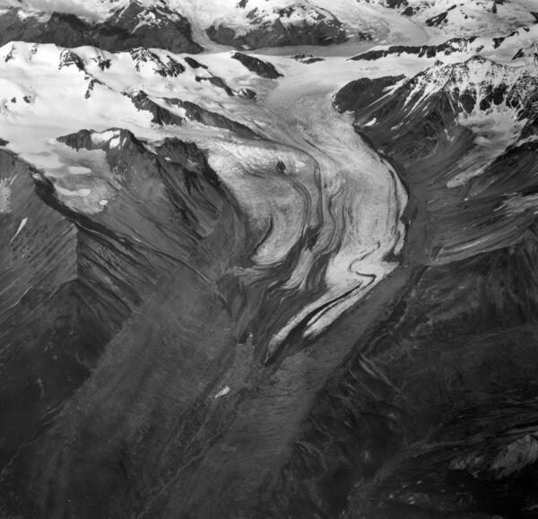 Black and white image of Gulkana Glacier taken in 1967.