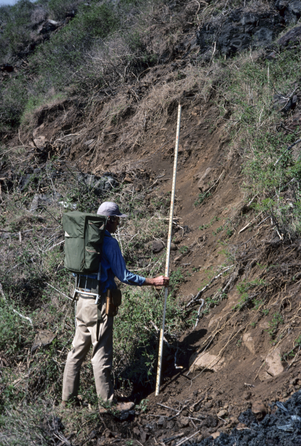 Color photograph of geologist in front of earthquake scarp