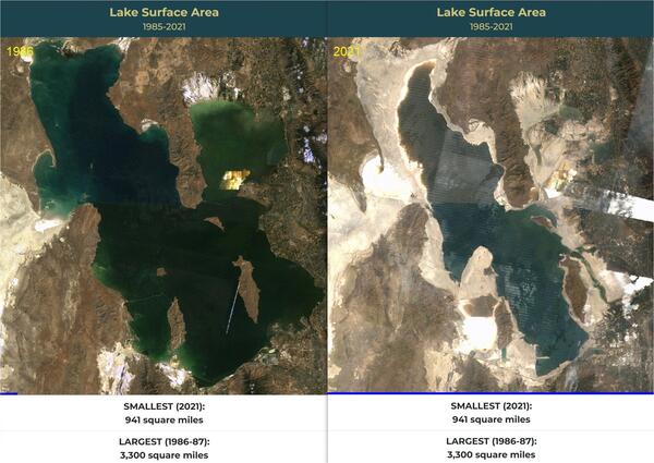 Side by side satellite images of the Great Salt Lake in 1986 and 2021 showing drastic changes in surface area.