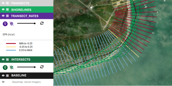 software interface showing transect rates on shoreline