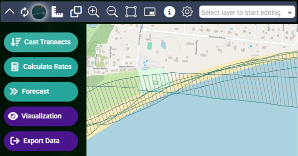 software showing coastline with transect lines