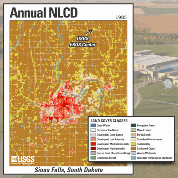 Annual NLCD Animation for the Sioux Falls, South Dakota, area, showing a map legend and the location of the USGS EROS Center