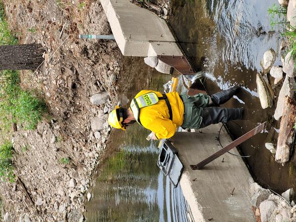 A member of the USGS Water and Fire Technicians Team repairs a streamgage during the Blue 2 Fire near Alto, New Mexico. 