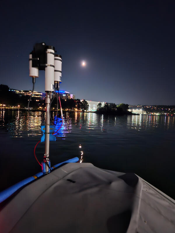 light sensor attached to boat on the water at Lake Washington at night