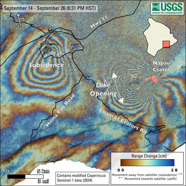 Color map showing ground deformation on volcano as a result of an eruption