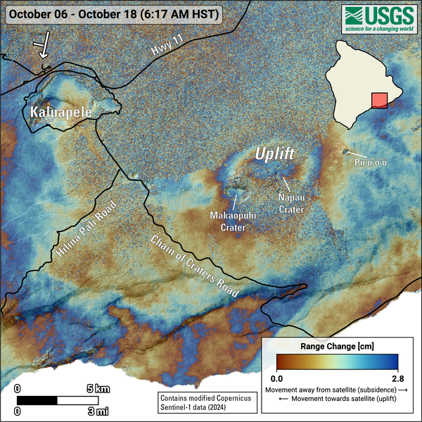 Color map showing ground deformation on a volcano