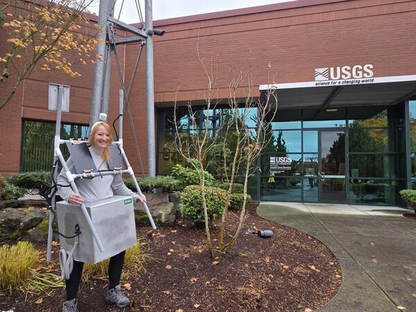 Erin wearing her handmade VALT costume for Halloween outside the Cascades Volcano Observatory.  