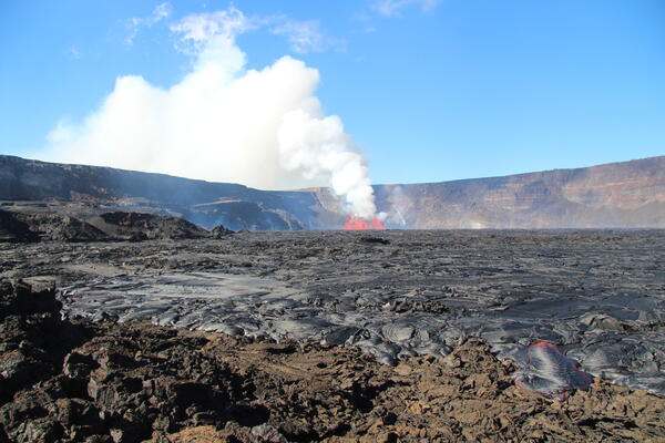 Colro photograph of erupting vents across crater floor