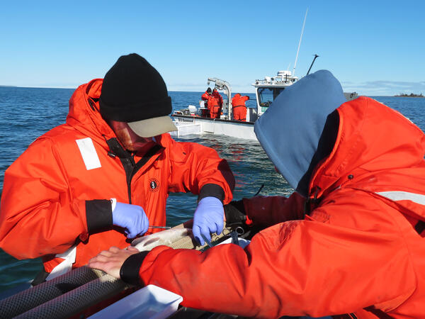 Two researchers in cold-weather gear implanting an acoustic tag into a fish on a small vessel on a lake.