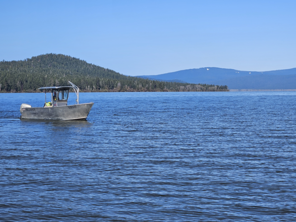 aluminum boat with a black USGS logo on vast blue lake waters. green forested hill in the background