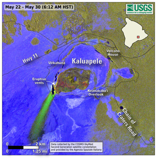 Color map showing areas of lava flow and tephra fall as a result of an eruption 