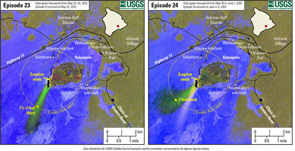 Color graphics showing distribution of volcanic material