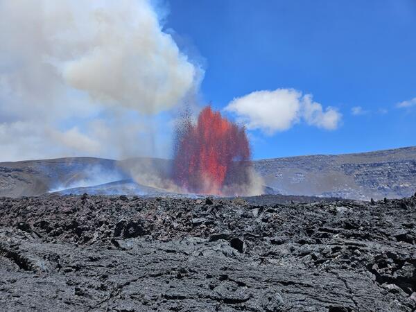 July 9, 2025 — Video of episode 28 of the Halema‘uma‘u Kīlauea summit eruption Color photograph of volcanic eruption