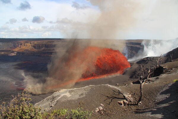 Color photograph of lava fountaining