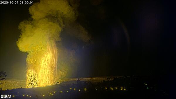 Color webcam image of lava fountains erupting