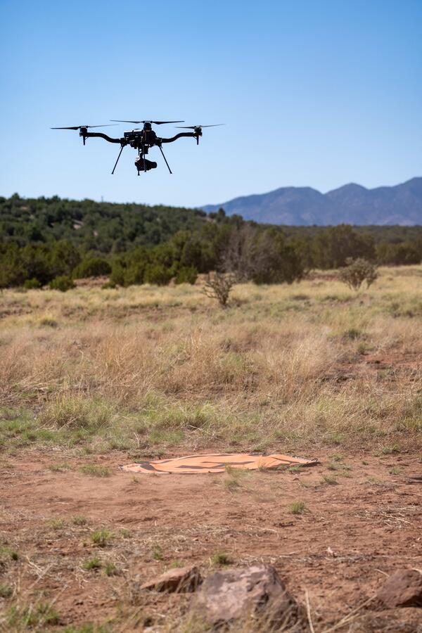 Uncrewed aircraft system in flight at Abó Ruins at Salinas Pueblo Missions National Monument