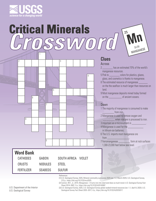 Crossword puzzle about the critical mineral manganese.