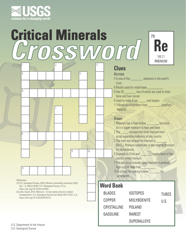 Crossword puzzle for the critical mineral rhenium.